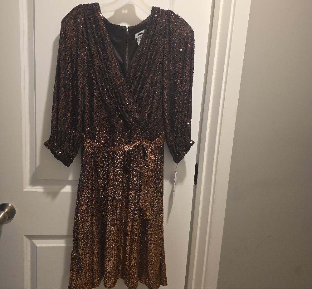 DKNY Two-Tone Bronze Sequin Wrap Midi Dress - Picture 2 of 16